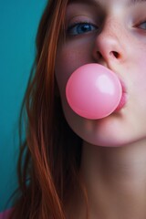 Naklejka premium Young girl blowing a pink bubblegum bubble 