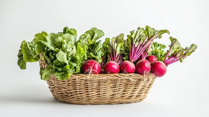 Fresh Organic Radishes and Greens in a Natural Basket Arrangement