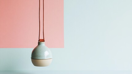 A minimalist ceramic bell with a leather cord, styled against a pastel wall picture