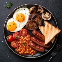 A hearty flat lay of an English breakfast: fried eggs, sausages, baked beans, grilled tomatoes, mushrooms, and a slice of toast, arranged on a dark slate background.
