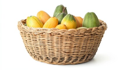 Fresh Fruit Display in Woven Basket on White Background