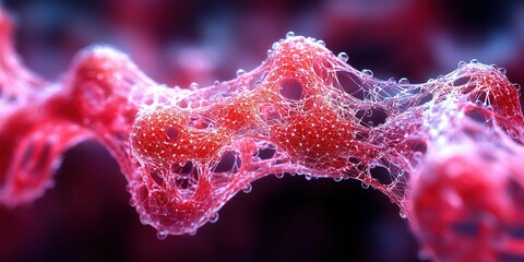 Fototapeta premium Intricate network of red biological structures showcasing cellular interactions in a close-up view