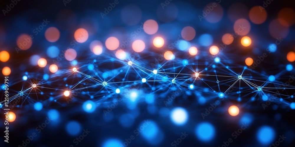 Poster brightly colored lights create a dynamic network pattern in a digital abstract setting at night