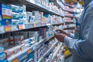 Pharmacist Using Digital Tablet, Inventory Management, Efficient Drugstore Operations, Pharmacy Tech