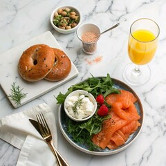 A luxurious flat lay of a brunch spread: smoked salmon, cream cheese bagel, mixed greens, and a mimosa, styled on a marble countertop.