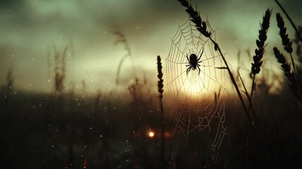 Delicate Spider Web Glowing at Dusk with a Silhouette of a Spider