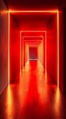 Fototapeta premium Digital technology red glowing neon corridor poster background
