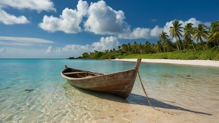 Fototapeta premium Serene Tropical Paradise with Wooden Boat.