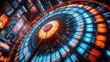 Ferris wheel spins, city night, vibrant lights, urban entertainment