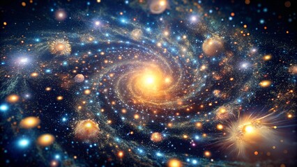 Abstract galaxy of luminous particles floating in a dark, starry void.