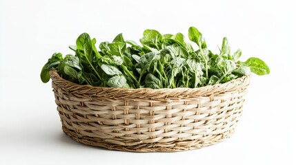 Naklejka premium Fresh Spinach Leaves in Woven Basket on White Background