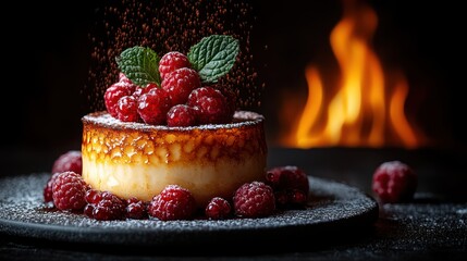 Fireside Cr?me br?l?e, raspberries, dessert