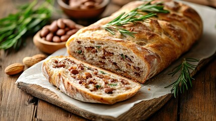 Freshly Baked Artisan Bread with Herbs and Nuts on Rustic Table