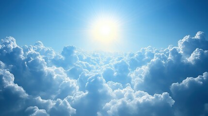 Bright Sun Shining Over Fluffy White Clouds in Blue Sky