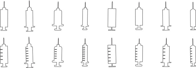 Syringe icon set. Injection medical syringe silhouette, symbol, Solid black flat and line vector collection isolated on transparent background. For website design, logo, app, template, ui, etc.