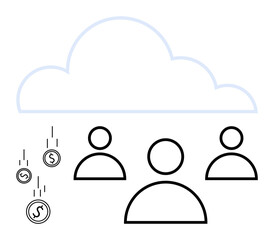 Cloud above three user icons with falling coins representing financial growth, online economy, and shared resources. Ideal for digital currency, cloud tech, user focus, innovation, collaboration