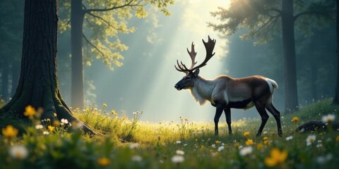 Majestic Reindeer in Dawn's Golden Embrace, Amidst a Verdant Forest Meadow, Illuminated by Sunlight Streaming Through the Trees