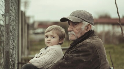 Fototapeta premium Elderly man and young boy sitting together, reflecting on life, with a rural landscape in the background
