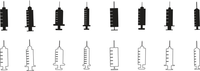 Syringe icon set. Injection medical syringe silhouette, symbol, Solid black flat and line vector collection isolated on transparent background. For website design, logo, app, template, ui, etc.