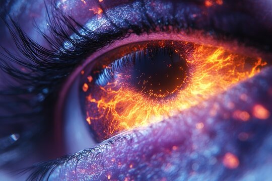 Close-up of an eye with flames burning in the iris, great for conceptual art or symbolism scenes