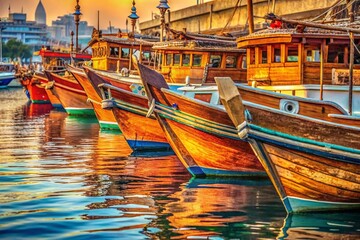 Fototapeta premium Dubai Bay Creek Boats: Close-up Macro Photography of Traditional Dhows and Modern Vessels