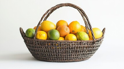 Fresh Citrus Fruits in a Woven Basket on a Light Background