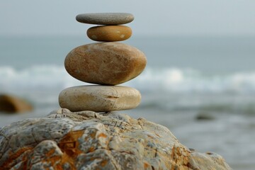 Stack of balancing stones is overlooking the ocean waves on a beach
