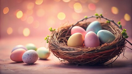 Obraz premium Easter Eggs in Nest, Pink Background, Low Light Photography - Spring Festive Stock Photo