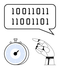 Binary code in speech bubble, robotic hand pointing, and stopwatch highlight themes of technology, AI, automation, time, innovation, programming productivity. Abstract line flat metaphor