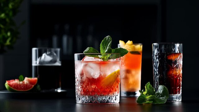 Divers cocktails color&eacute;s dans une sc&egrave;ne &eacute;l&eacute;gante.