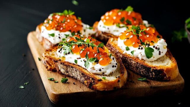 Tartine de fromage frais et d'&oelig;ufs de lompe pos&eacute;es sur une planche en bois.