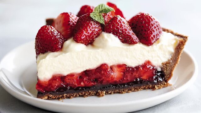 G&acirc;teau p&acirc;tissier gourmand &agrave; la cr&egrave;me et &agrave; la fraise sur un croustillant.