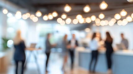 Modern Workspace with Blurred People and Stylish Pendant Lights