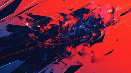 Abstract digital artwork featuring sharp shapes and vibrant red and blue colors.