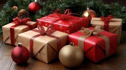 Beautifully Wrapped Holiday Gifts with Tree Decor and Ornaments