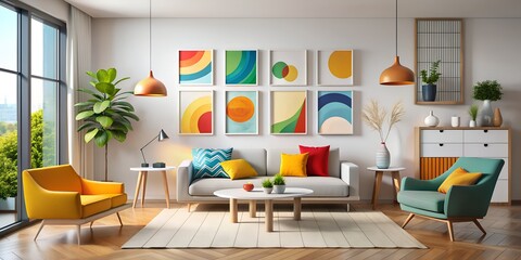 Vibrant minimalism with colorful shapes enhances a contemporary living room design, creating a welcoming atmosphere with a touch of modern art