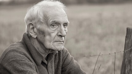 Elderly man in contemplative pose, sitting by a rustic fence in a serene rural landscape