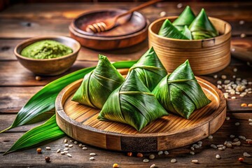 Elegant Green Dumplings on Bamboo Chopping Board with Zongzi Leaves - Asian Food Photography
