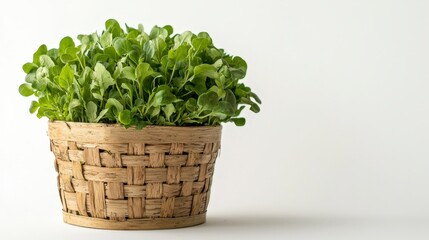Fototapeta premium Fresh Green Lettuce Growing in a Woven Basket on White Background