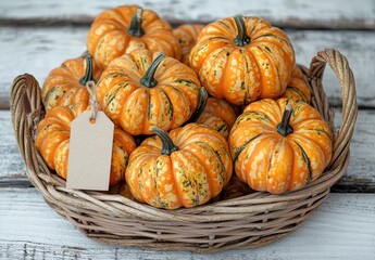 Decorative Orange Pumpkins in a Woven Basket on a Rustic Wooden Surface, Perfect for Autumn and Halloween Themes