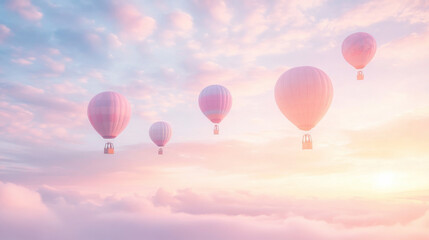 Fototapeta premium A floating city of pastel-colored hot air balloons, each designed like tiny houses, drifting in an endless cotton candy sky. Diffused sunlight streaming through delicate clouds