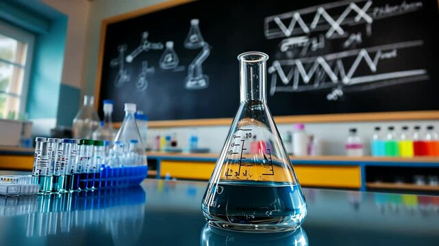 scient experiment, laboratory flask at classroom table with chemistry formular blur on blackboard	
