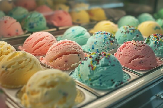 Scoops of colorful ice cream with sprinkles are sitting in a refrigerating display case