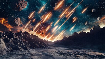Obraz premium Meteor shower over alien landscape; fiery cosmic event; science fiction background; perfect for fantasy, 