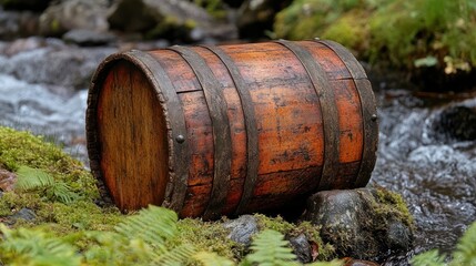 Obraz premium Rustic wooden barrel by stream, mossy rocks, forest background, treasure concept