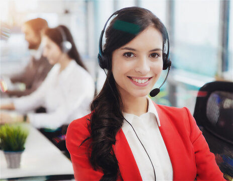 A young woman with long dark hair wearing a red blazer, white shirt, and a headset smiles confidently in a modern office. Blurred background shows coworkers in headsets at their desks.