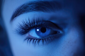 A detailed shot of a person's blue eye with eyelashes and iris visible
