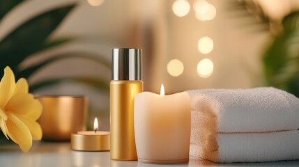 Relaxing spa setup with candles, towels, and golden oil bottle in a serene environment with soft light