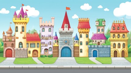 Fototapeta premium A whimsical row of colorful fairytale castles and buildings on a sunny day