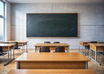 Empty Classroom Blackboard: Minimalist Desk and Chalkboard Stock Photo